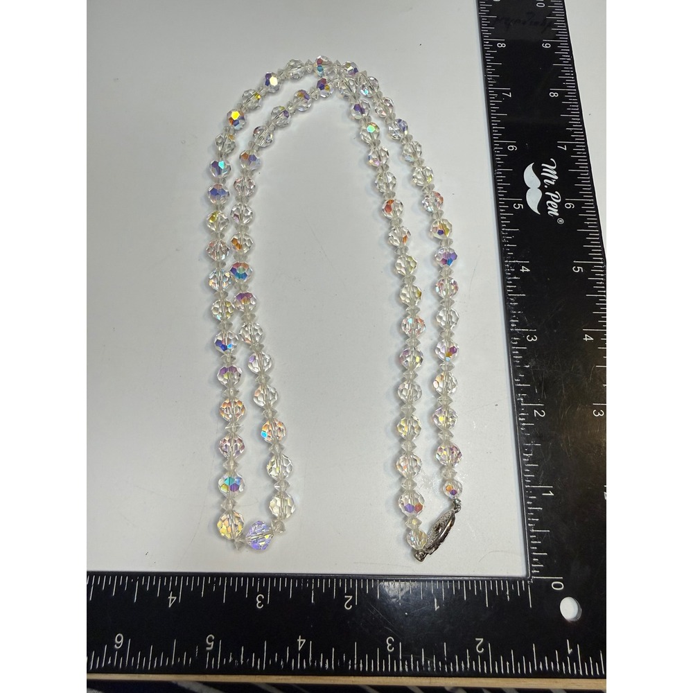 Vintage Aurora Borealis AB Crystal Bead Necklace Iridescent Glass Filigree Clasp